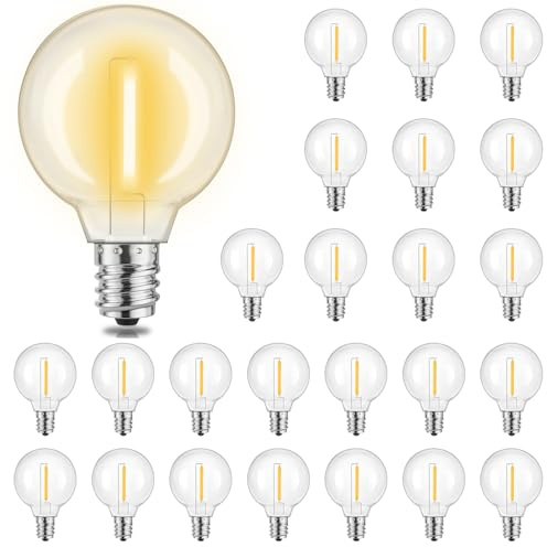 Yuusei Bombillas LED G40 Guirnaldas Luces Exterior, DC 24 V Paquete de 25 Bombillas de Reemplazo 0.3W E12, Impermeables IP45, Blanco Cálido 2700K, Resistentes a Los Golpes para Jardín