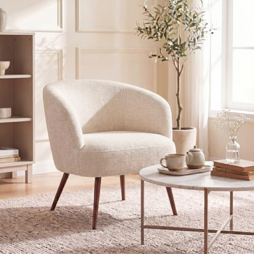 Weegstok Beige Soft Linen Canvas Mid Century Barrel Accent Chair, Curved Tub Armchair with Wood Effect Metal Legs for Living Room Bedroom