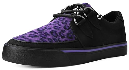 T.U.K. Vegan Creeper Sneaker - Zapatos Hombre y Mujer - Color Black Canvas & Purple Leopard Print - Zapatos con Cordones Estilo Puck, Gótico y Rockero - Talla EU43