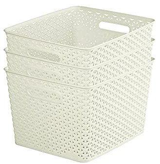 Curver My Style Aufbewahrungskörbe in Rattan-Optik, 3er-Set, für Küche, Wohnzimmer, Badezimmer, Schlafzimmer, große rechteckige Aufbewahrungskörbe, 18 l, Weiß