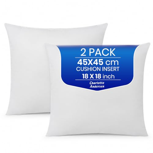 Charlotte Andersen 2 Pack 18 x 18 inches Cushion inner Pads Inserts Anti-Allergy Cushions 45cm x 45cm Pure Hollowfibre Filling- Made In UK