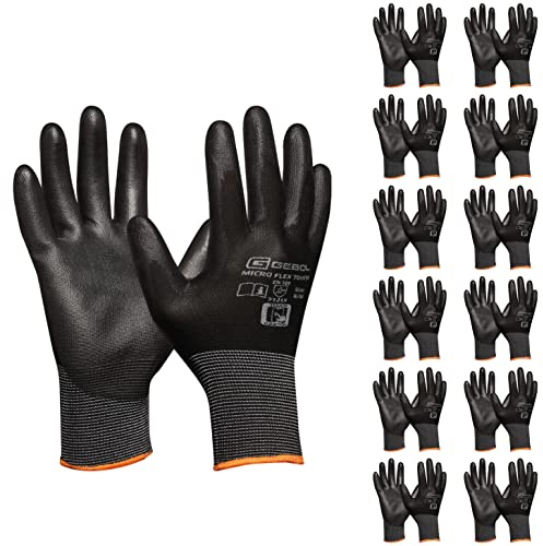 Gebol Nano Flex Touch, 12 Paar Arbeitshandschuhe mit Touchfunktion, leichte Schutzhandschuhe mit Feingefühl, für Damen und Herren, Gr. M/8, Schwarz