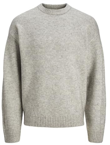 Jack & Jones Pull en Tricot pour Homme avec col Rond, Couleur Unie, avec col Rond, Gris Clair chiné, XXL