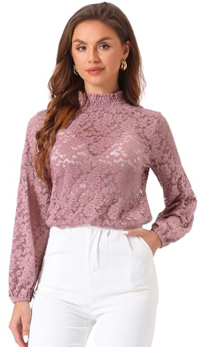 Allegra K spetsblus för damer, långärmad ståkrage, volang, blommor, topp, blus, Mörkrosa, XL