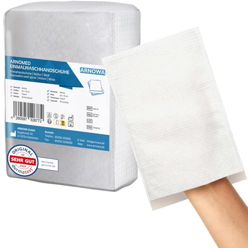 100 ARNOMED manoplas de baño desechables moletón, manoplas desechables secas para bebés, niños y adultos, toallitas desechables individuales 75g/m², blancas y suaves para la higiene personal