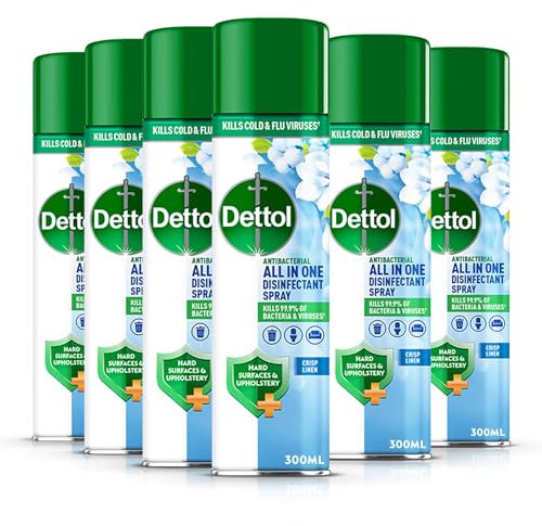 Dettol Antibacterial All In One Disinfectant Spray, Crisp Linen, 300ml (6 x 300ml, Total 1.8L), Household Sanitizer, Hard Surfaces and Upholstery, No Wiping Required, Kills 99.9 Percent of Germs