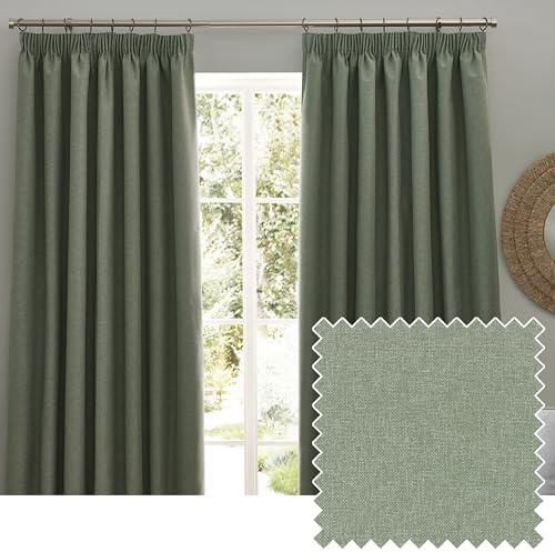 furn. Dawn Textured Blackout Pencil Pleat Curtains – Thermal Lined Pair (Eucalyptus - Width 117 x Drop 137cm)
