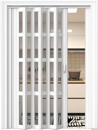 CMYUN Porta Pieghevole in PVC con Effetto Legno, Bianca, 70x210cm (27.5x82.7in), Multifold, Trasparente per Doccia e Bagno