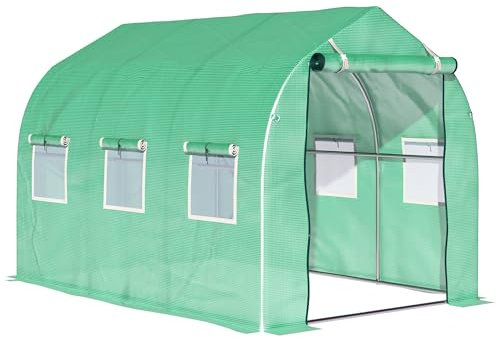 Outsunny Serre Tunnel de Jardin 5,75 m² dim. 2,95L x 1,95l x 1,96H m Porte + 6 fenêtres enroulables Acier galvanisé bâche PE Haute densité Vert