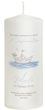 Liamoria® Konfirmationskerze Schiff personalisiert mit Namen, Datum und Spruch - Modell Merle - Andenken und Konfirmationsgeschenk (20 x 8 cm)