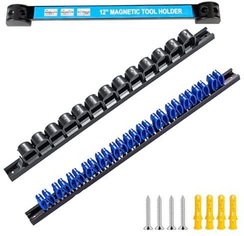 Kit de Barre Aimantée pour Outils Mural, Bandes Magnétiques de Rangement de 35 cm pour Outils et 2 Supports de Tournevis Bleus et Noirs de 35 cm, pour Garage, Atelier (bleu)