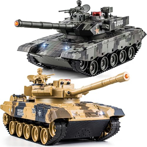 Supdex Char Militaire 1/24 RC, télécommande Char Russe T90 et Chine 99, modélisme 2,4 GHz avec lumière et fumée, Jouet adapté aux Enfants à partir de 6 Ans, garçons