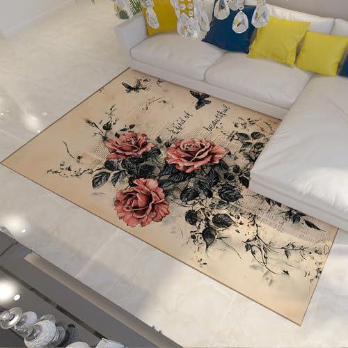 LANDERSION Rustikale Rosen Teppiche für Schlafzimmer Retro Postkarte Alte Zeitung Druck Bereich Teppich Waschbar rutschfest Weich Esszimmer Dekor Fußmatten 150x210cm