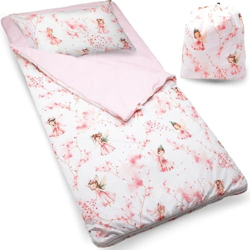 PinkZebra Schlafsack Kinder 140 x 75 cm + Kissenbezug 60 x 40 cm & Beutel, Indoor für Kindertagesstätte Kindergarten Deckenschlafsack, (bis 135 cm Kindergröße), Öko-Tex, Rosa Fee