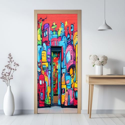 Dörr tapeter 3d självhäftande gatukonst tecknad graffiti dörrposter dörrklistermärken, färgad vattentät avtagbar dörrfolie fototapet vardagsrum sovrum badrum 80 x 200 cm (B x H)