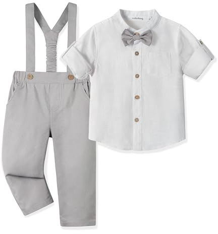 Volunboy Completo Elegante Bambino, Lino Ragazzo Henley Camicie Fiocco e Bretelle Pantaloni 4 Pezzi Cerimonia Nozze Abbigliamento(Grigio Chiaro,18-24 mesi,Taglia 90)