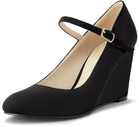 DIFEMA Womens Wedge Pumps with Ankle Strap for Dressy Ladies Mary Jane Shoes Closed Toe Wedges Heels for Women,Black,8.5