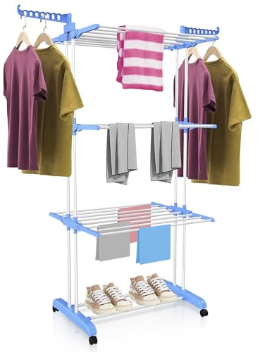 JUPPLIES Tendedero Vertical Plegable 175 cm Extensible 4 Niveles – Acero Inoxidable con Alas Giratorias y Ruedas – Compacto y Montaje Fácil para Piso, Cocina o Balcón