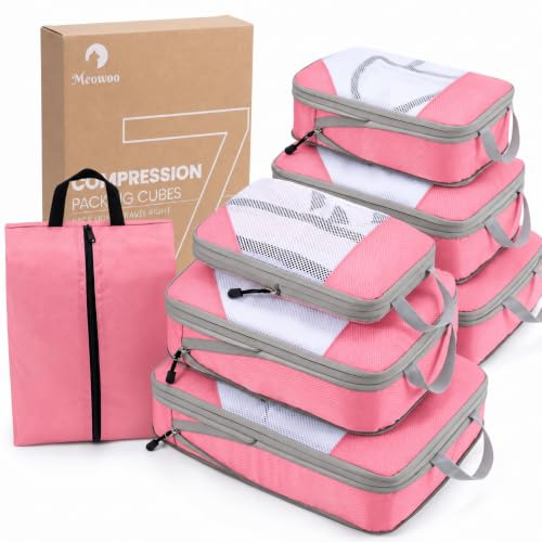 Meowoo Compression Packing Cubes 7 Set, Ripstop Mesh Travel Organizers for Luggage, Multi-Functional Ultralight Expandable Packing Cubes for Suitcase, Carry-on Luggage, Travel, Backpack, Pink