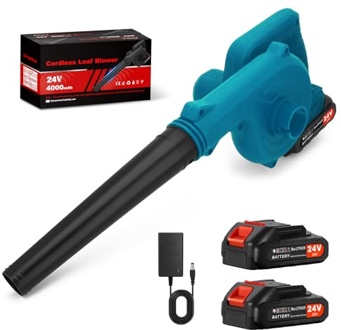 Souffleur de Feuilles sans Fil 24 V, Moteur sans Balais,Souffleur Batterie avec 2 Batteries et Chargeur, souffleur Puissant pour Jardin, terrasse, Garage, poussière, Neige et Poils d'animaux (Bleu)