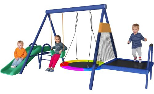 Torre de juegos al aire libre con tobogán y columpio nido, estructura de escalada multifuncional con cama elástica para niños a partir de 3 años, parque infantil para jardín con columpio de plástico
