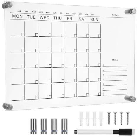 MERRYHAPY Pizarra Acrílica Borrable Transparente Tamaño S para Mensajes 4 Chinchetas y Marcador de Tiza, Tablero de Notas Creativo para Oficina y Estudiantes, Planificador Semanal de Pared
