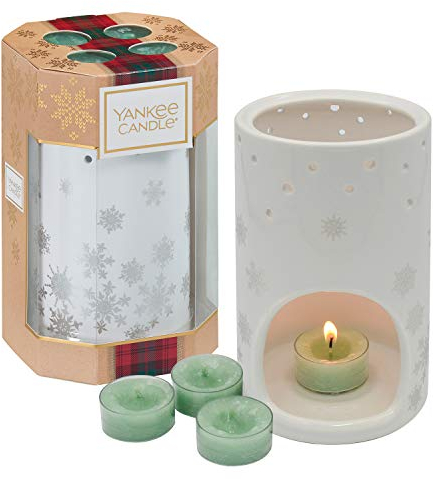 Yankee Candle Geschenkset, mit 4 duftenden White Fir Teelichten und 1 Leuchte in Schneeflockenform, Alpine Christmas Collection, in festlicher Schneeflocken-Geschenkbox