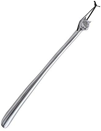 langer stabiler Aluminium Schuhlöffel zum aufhängen - Edler Metall Deko Schuhanzieher 55 cm mit Katzen Kopf Motiv Griff - für Stiefel und hohe Schuhe