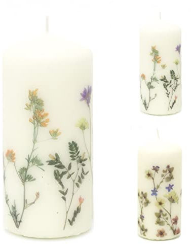 Les Fleurs Pillar Candle with Flowers | Botanical Unscented Candle Decorative Candles - Design Varies One Supplied