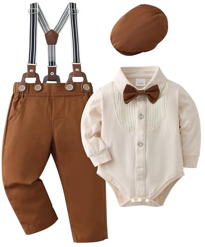 ZOEREA Baby Boy Gentleman Outfits Clothes Set Long Sleeve Romper Jumpsuit with Bow Tie + Suspender Pants Infant Wedding Suit Clothing Sets Beige,3-6 Months