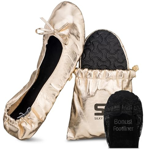 Silky Toes Foldable Flats for Women – Portable Ballet Shoes for Weddings, Parties, Events, Travel – Compact Purse Slippers (Small, Gold)