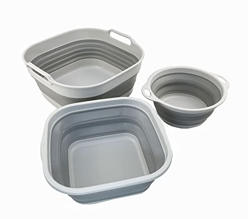 SAMMART Set aus 3 zusammenklappbare Wanne und Faltbare Schüssel - tragbare/platzsparende Kunststoffwanne (Grau (3er-Set))
