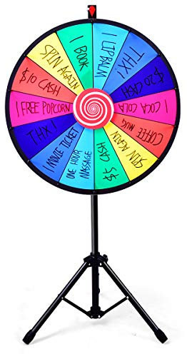GOPLUS Roue de la Fortune 24 Pouces sur Pied, Prize Wheel 14 Grilles, Hauteur Réglable, avec Stylo Effaçable, Gomme et Pointeur, Trépied Stable et Antidérapant, pour Fêtes avec Boîte à Gommes