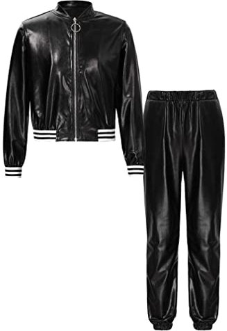 MSemis Mädchen Metallic Sportkleidung Jogginganzug Langarm Kinderkleidung Set Sportanzug 2tlg Tracksuit Stand Kragen Jacket + Sporthose Kinder Freizeitanzug Schwarz 170