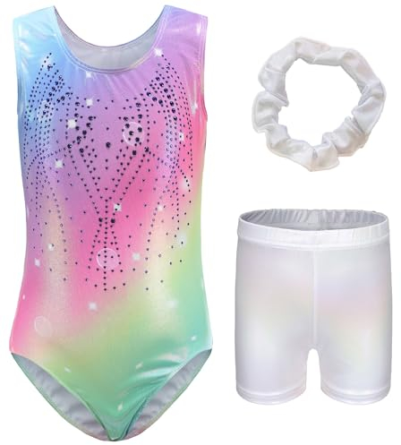 Adigau Mädchen Turnanzug Ärmellos Ballettanzug Ballett Trikot mit Kurze Hose Haarband Kinder Gymnastik Trikot Gymnastikanzug Wettbewerb Tanzkostüm A4 7-8 Jahre