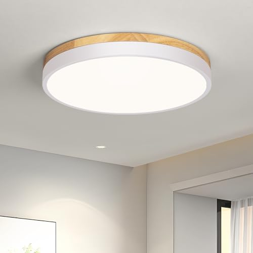 Vikaey Lampara Techo, Plafon LED Techo Blanco, 30cm Plafón LED Techo Madera para Dormitorio, Sala de estar, Comedor, Cocina, Pasillo 4000K 24W