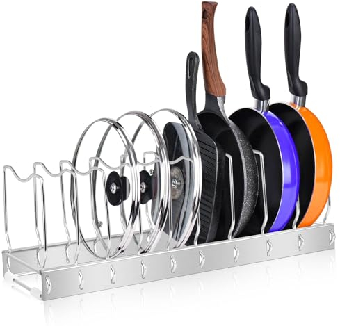 FLSEPAMB Adjustable Pan Lid Holder, Pot Lid Organizer with 9 Adjustable Compartments, Stainless Steel Lid Storage Pot Holder Kitchen Storage for Pot, Plate, Lid, Baking Tray