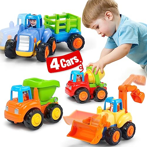 SunnyPal Spielzeug ab 1 Jahr Junge Mädchen Geschenke - 4 STK. Auto ab 2 Jahre Jungen, 4WD Reibungsauto Spielzeug Lastwagen Kinder, Baby Bagger Traktor Kipplaster Betonmischer