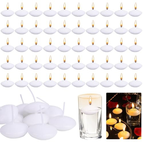 RNHDLY Schwimmkerzen 50 Stück Weiss, Unparfümierte Wasserkerzen, Dekorative Schwimmende Kerzen für Zylindrische Vasen, Hochzeiten, Partys und Pool-Center-Dekorationen