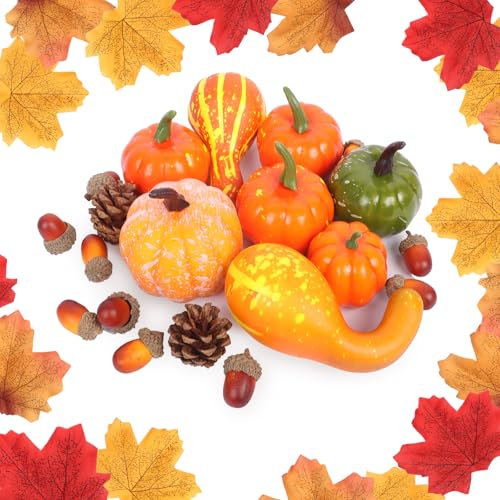 Oemmn Herbstdeko Kürbis Deko 50 Stück Set Halloween Kürbis Dekorationen Mini künstliche Kürbisse, Tannenzapfen, Herbstblätter, Eicheln für Thanksgiving Halloween Herbst Innen Party Dekoration