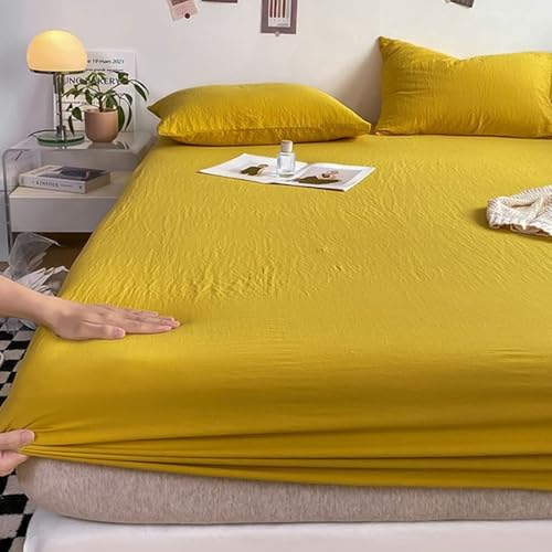 Mesnt Spannbetttuch 180 x 220, Bambusfaser Einfarbig Spannbetttücher Elastisch Bettlaken Weich und Knitterfrei, Goldgelb