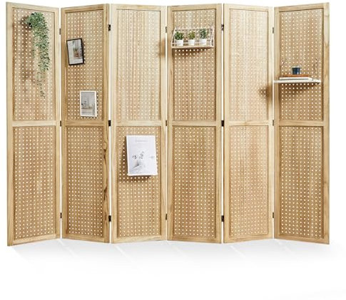 Pegboard Display, 5.6Ft Portable Freestanding Wall Organizer Wooden Room Divider Folding Privacy Screens for Craft Art Display Board (6 Panels, Natural)