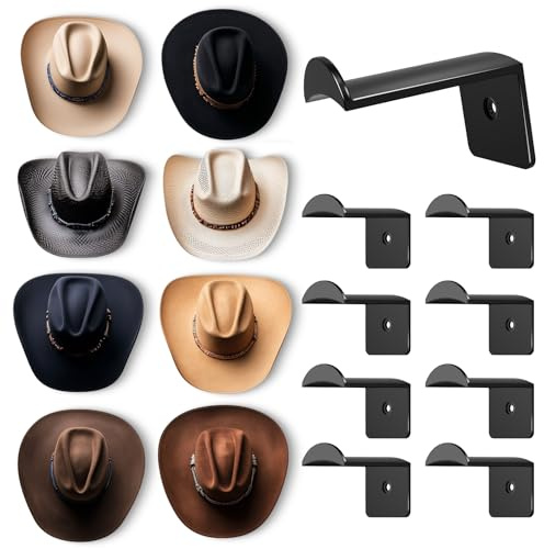 Aoodaily 2.8 Inch Hat Hooks for Wall - (8 Pack) Cowboy Hat Rack, Strong Adhesive Cap Holder, Organizer for Baseball Caps, Western Room Decor - Black