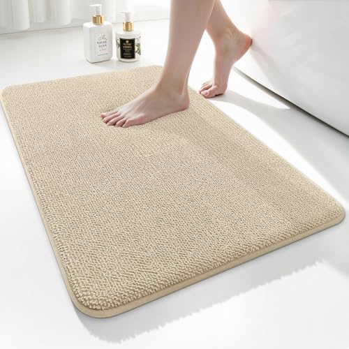 smiry Thick Memory Foam Bath Mat 40 x 60 cm Bathroom Mat Beige | Extra Soft Absorbent, Non-Slip Quick Dry, Machine-Washable, Cushions Feet to Ease Tiredness, Fits Vanity, Shower & Balcony