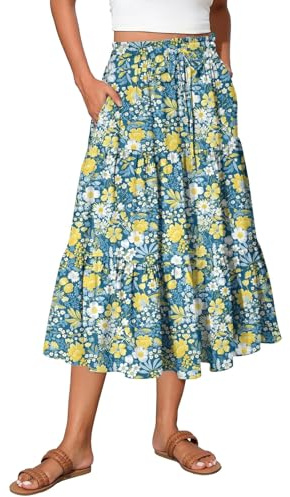 Jupes Femme Boheme Chic et Elegant Jupe Madame Mi Longue Fluide Fleurie Robe Poche Ceinture Haute à Lacets