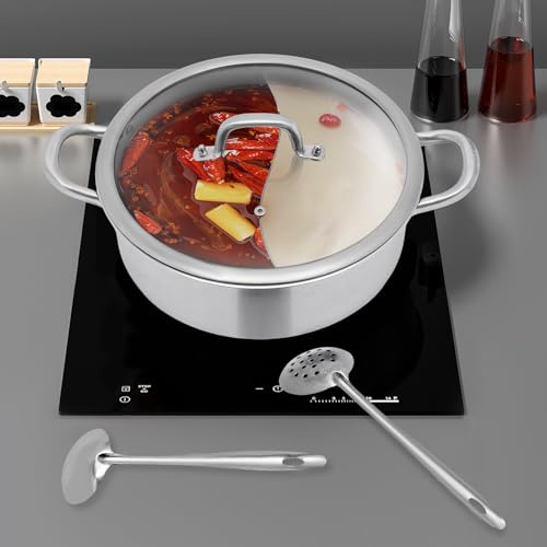 Hotpot i rostfritt stål med lock, 28 cm, delad stekpanna med 2 skedar, förtjockad Hotpot-gryta, för induktionsspis och gasvärmare