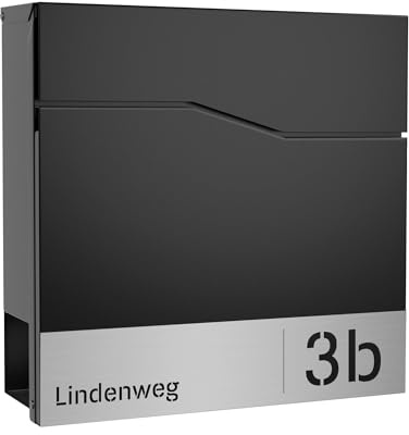 Forgard väderbeständig brevlåda djupsvart med tidningsfack (RAL9005), personlig brevlåda, modern brevlåda, av zinkstål med gata husnummer, treLLEBORG