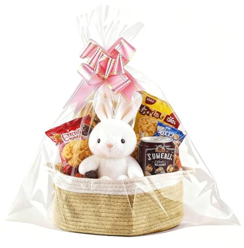 HERKINDNESS Panier Cadeau Vide à Garnir, Panier en Corde de Coton Tressée avec Ruban et Sac Transparent, Grand Panier Cadeau pour Mariage, Noël, Anniversaire