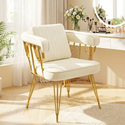 Hellove Schminktisch Stuhl Samt mit Kissen, Modern Polsterstuhl mit Armlehne, Eleganter Schminkstuhl Golden Metall Beinen, Relaxsessel Clubsessel Französisch Bequem für Wohnzimmer, Bis150kg Beige