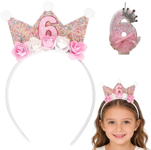 BCHMN Set Compleanno per 6 Anni, Corona Principessa Bambina, Cerchietto con corona di rose, Candela a Forma di Corona con Numero